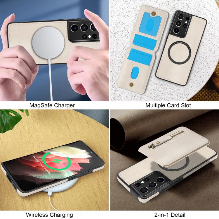 For Samsung Galaxy S21 Ultra 5G Zipper Wallet Split MagSafe Leather Back Phone Case