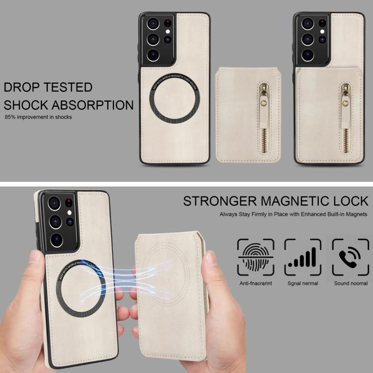 For Samsung Galaxy S21 Ultra 5G Zipper Wallet Split MagSafe Leather Back Phone Case