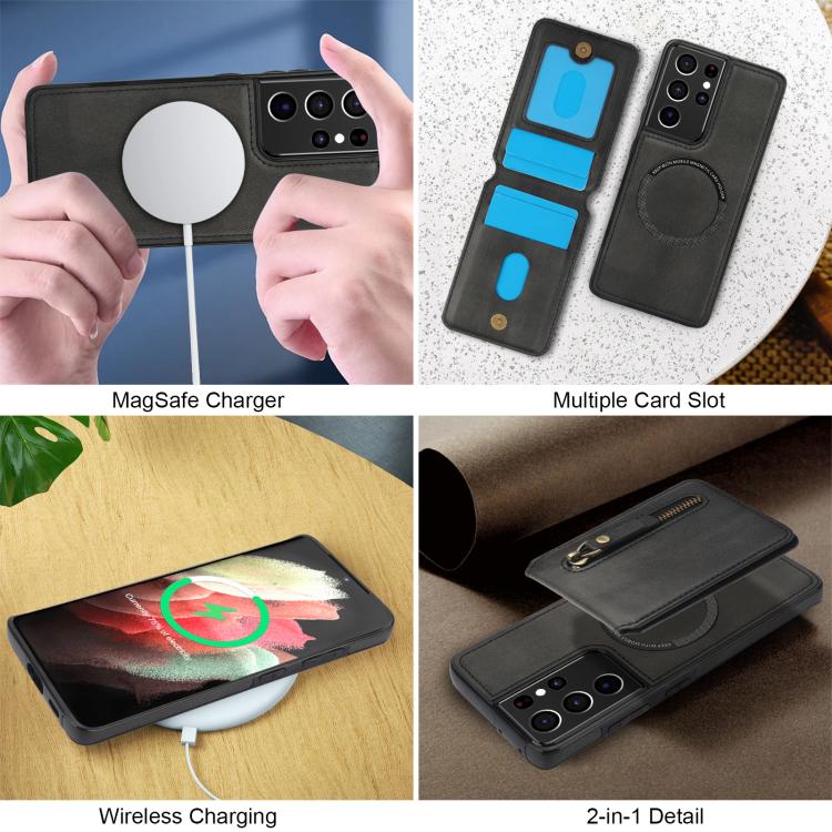 For Samsung Galaxy S21 Ultra 5G Zipper Wallet Split MagSafe Leather Back Phone Case