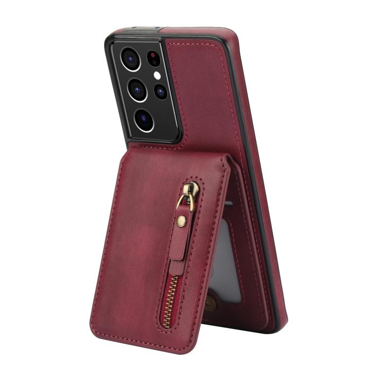 For Samsung Galaxy S21 Ultra 5G Zipper Wallet Split MagSafe Leather Back Phone Case
