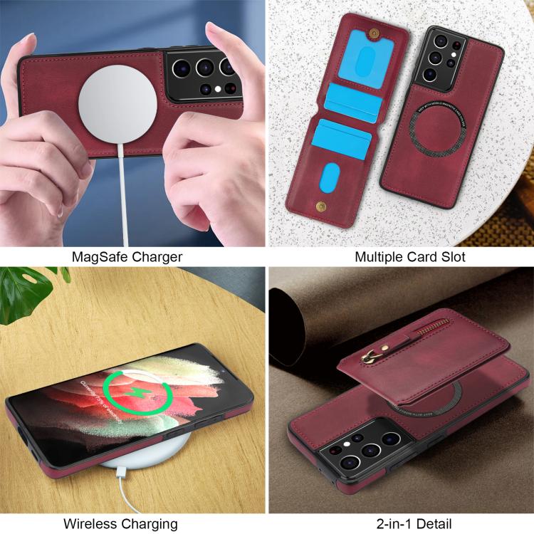 For Samsung Galaxy S21 Ultra 5G Zipper Wallet Split MagSafe Leather Back Phone Case