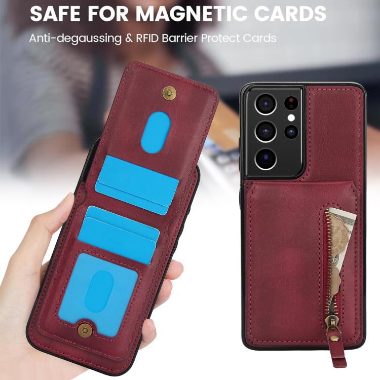 For Samsung Galaxy S21 Ultra 5G Zipper Wallet Split MagSafe Leather Back Phone Case