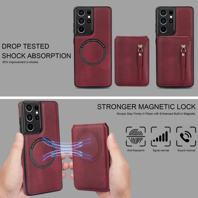 For Samsung Galaxy S21 Ultra 5G Zipper Wallet Split MagSafe Leather Back Phone Case