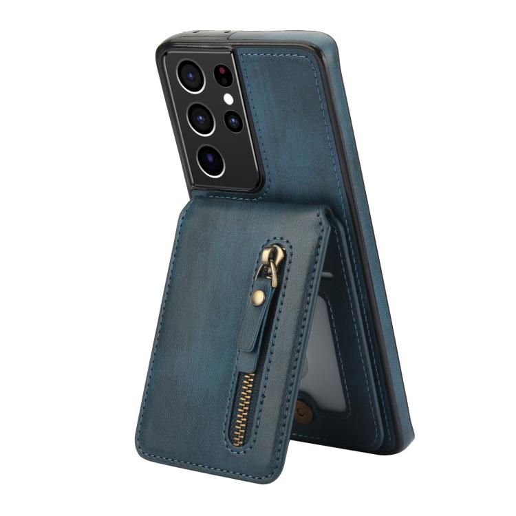 For Samsung Galaxy S21 Ultra 5G Zipper Wallet Split MagSafe Leather Back Phone Case