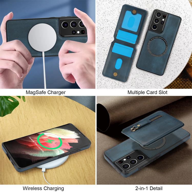 For Samsung Galaxy S21 Ultra 5G Zipper Wallet Split MagSafe Leather Back Phone Case