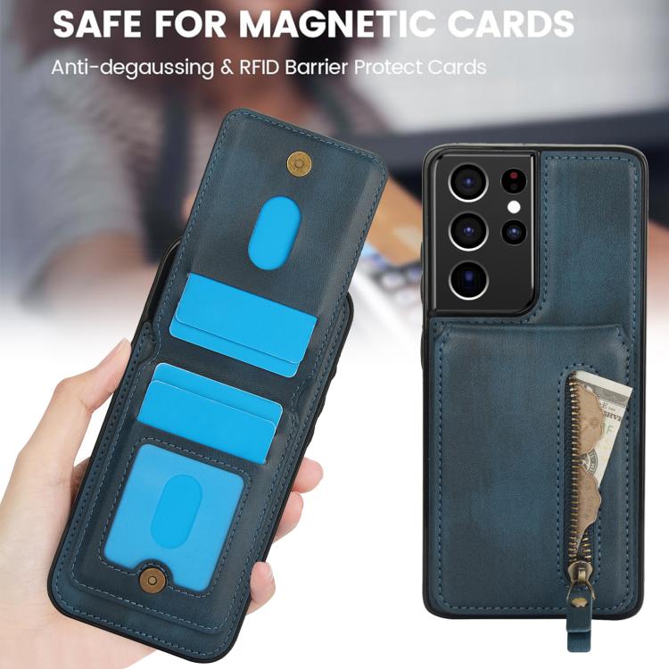 For Samsung Galaxy S21 Ultra 5G Zipper Wallet Split MagSafe Leather Back Phone Case