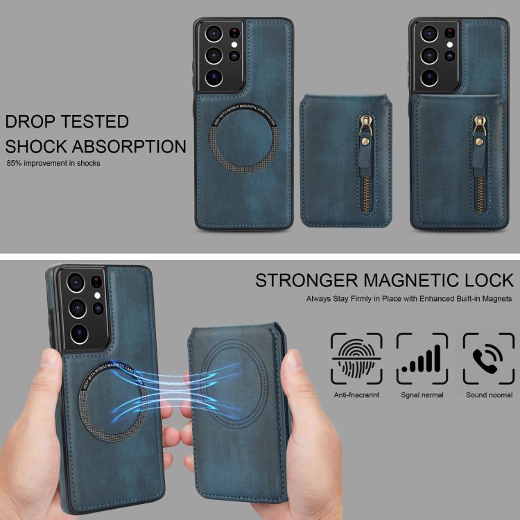 For Samsung Galaxy S21 Ultra 5G Zipper Wallet Split MagSafe Leather Back Phone Case