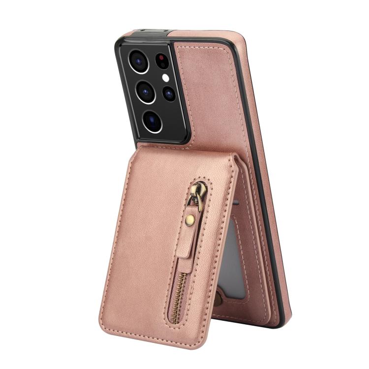 For Samsung Galaxy S21 Ultra 5G Zipper Wallet Split MagSafe Leather Back Phone Case