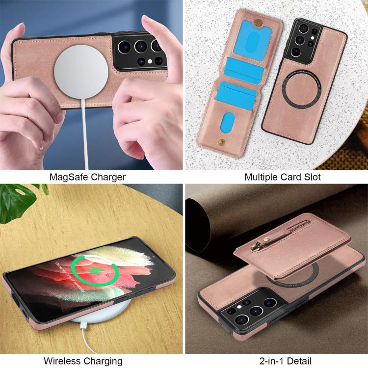 For Samsung Galaxy S21 Ultra 5G Zipper Wallet Split MagSafe Leather Back Phone Case