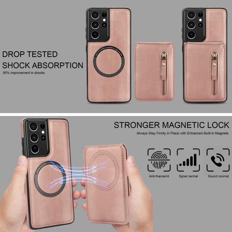 For Samsung Galaxy S21 Ultra 5G Zipper Wallet Split MagSafe Leather Back Phone Case