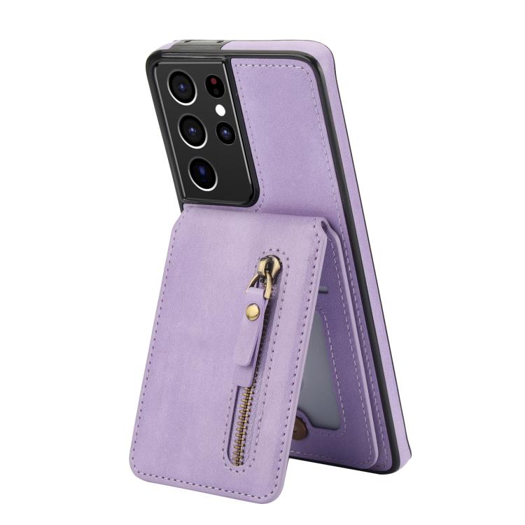 For Samsung Galaxy S21 Ultra 5G Zipper Wallet Split MagSafe Leather Back Phone Case