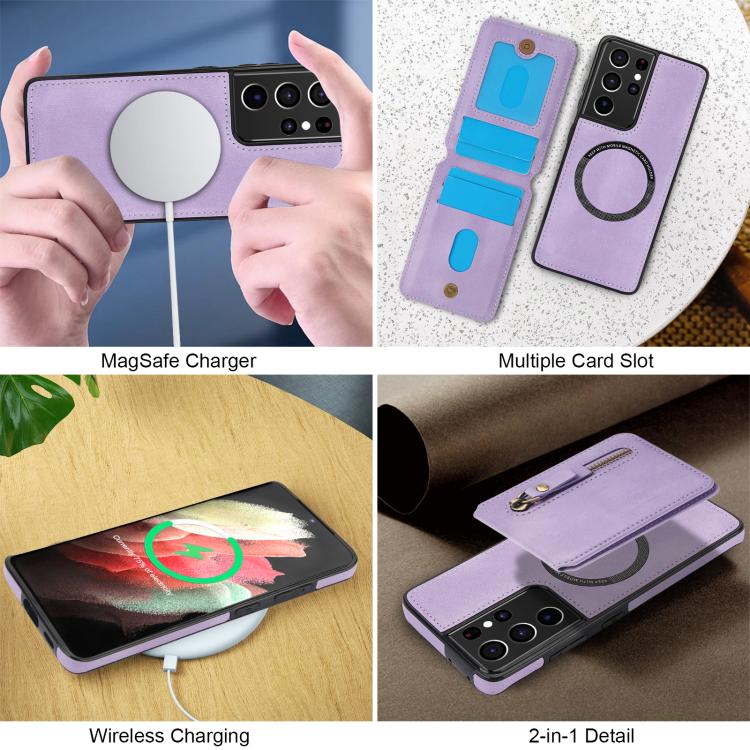 For Samsung Galaxy S21 Ultra 5G Zipper Wallet Split MagSafe Leather Back Phone Case