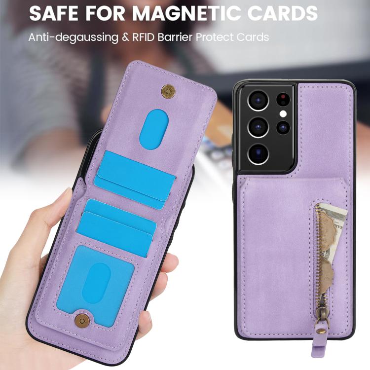 For Samsung Galaxy S21 Ultra 5G Zipper Wallet Split MagSafe Leather Back Phone Case