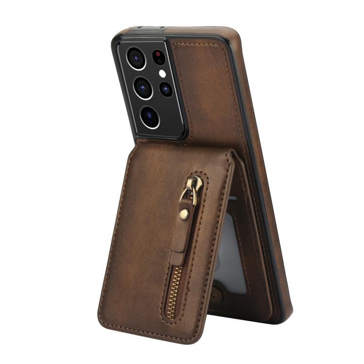 For Samsung Galaxy S21 Ultra 5G Zipper Wallet Split MagSafe Leather Back Phone Case