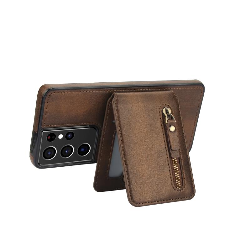 For Samsung Galaxy S21 Ultra 5G Zipper Wallet Split MagSafe Leather Back Phone Case
