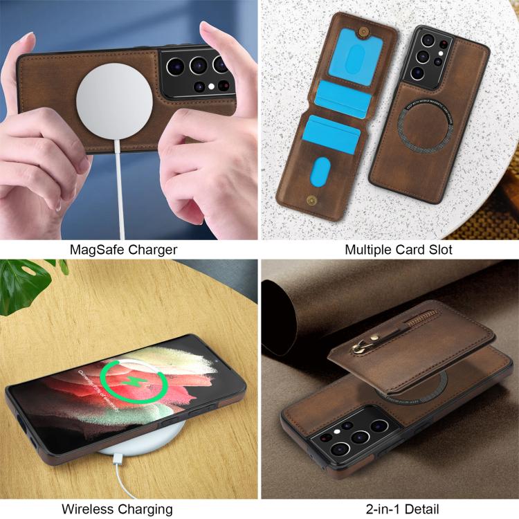 For Samsung Galaxy S21 Ultra 5G Zipper Wallet Split MagSafe Leather Back Phone Case