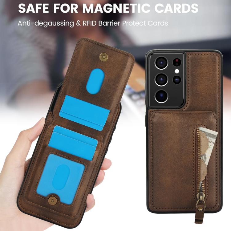 For Samsung Galaxy S21 Ultra 5G Zipper Wallet Split MagSafe Leather Back Phone Case