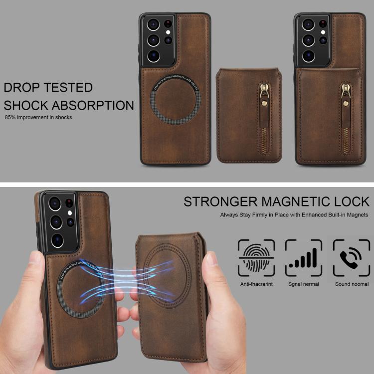 For Samsung Galaxy S21 Ultra 5G Zipper Wallet Split MagSafe Leather Back Phone Case