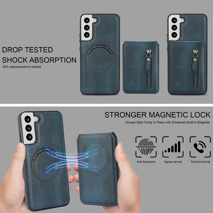 For Samsung Galaxy S22 5G Zipper Wallet Split MagSafe Leather Back Phone Case