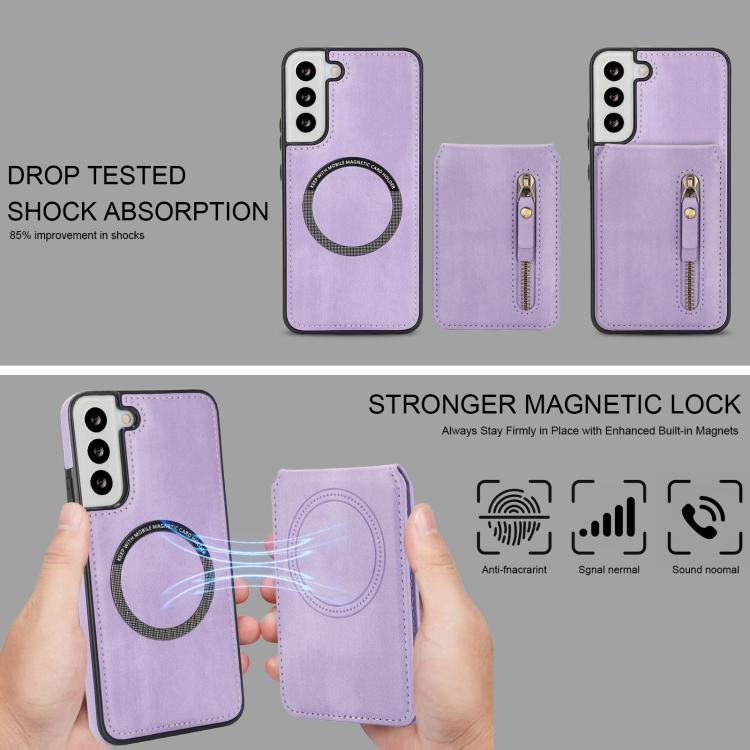 For Samsung Galaxy S22 5G Zipper Wallet Split MagSafe Leather Back Phone Case