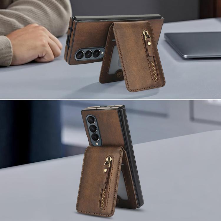 For Samsung Galaxy Z Fold4 Zipper Wallet Split MagSafe Leather Back Phone Case