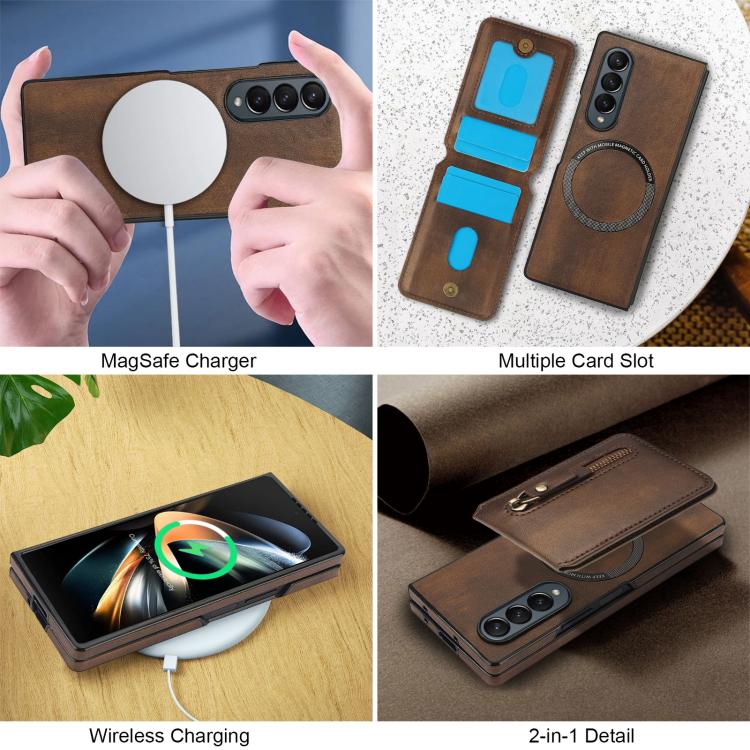 For Samsung Galaxy Z Fold4 Zipper Wallet Split MagSafe Leather Back Phone Case