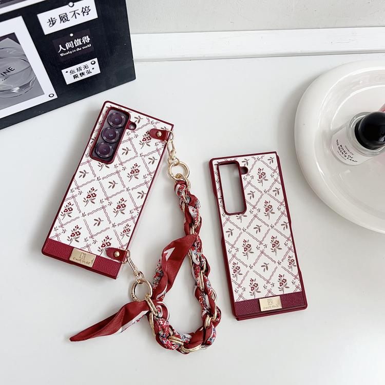 For Samsung Galaxy Z Fold5 Luck Flower Pattern TPU Phone Case With Strap - Red