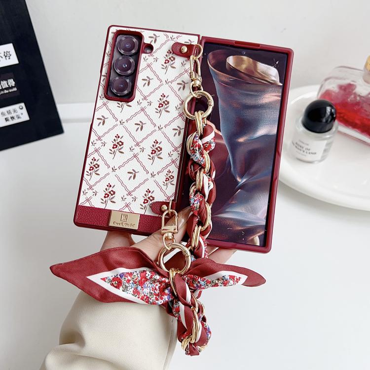 For Samsung Galaxy Z Fold5 Luck Flower Pattern TPU Phone Case With Strap - Red