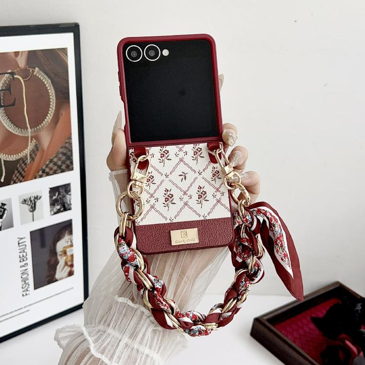 For Samsung Galaxy Z Flip7 5G Luck Flower Pattern TPU Phone Case With Strap - Red