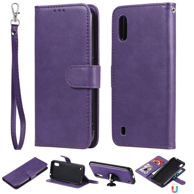 For Samsung Galaxy A01(EU Version) 2 in 1 Solid Color Detachable PU Leather Case with Card Slots & Magnetic Holder & Photo Frame & Wallet & Strap