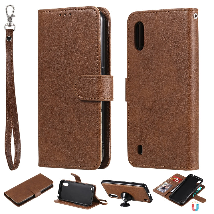 For Samsung Galaxy A01(EU Version) 2 in 1 Solid Color Detachable PU Leather Case with Card Slots & Magnetic Holder & Photo Frame & Wallet & Strap