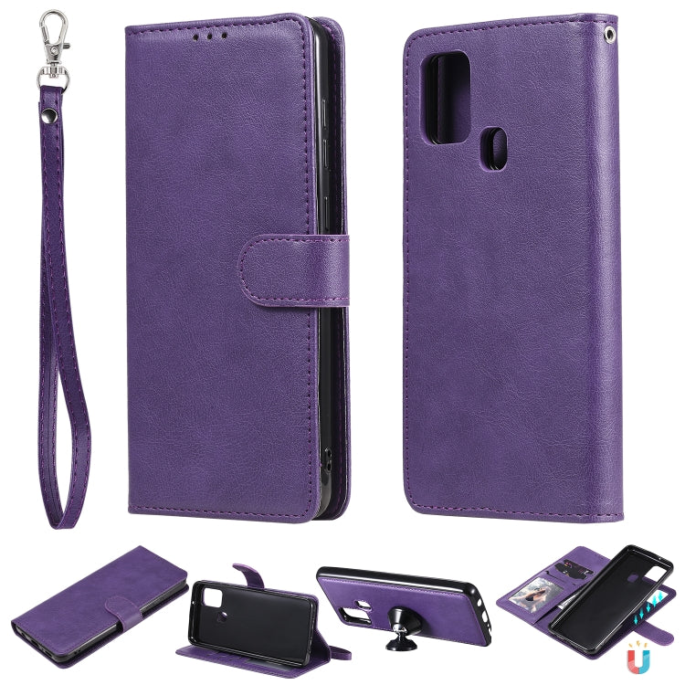 For Samsung Galaxy A21s 2 in 1 Solid Color Detachable PU Leather Case with Card Slots & Magnetic Holder & Photo Frame & Wallet & Strap