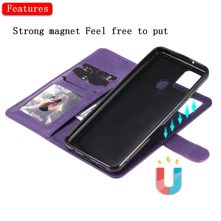 For Samsung Galaxy A21s 2 in 1 Solid Color Detachable PU Leather Case with Card Slots & Magnetic Holder & Photo Frame & Wallet & Strap