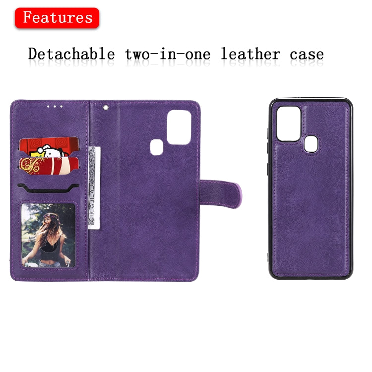 For Samsung Galaxy A21s 2 in 1 Solid Color Detachable PU Leather Case with Card Slots & Magnetic Holder & Photo Frame & Wallet & Strap