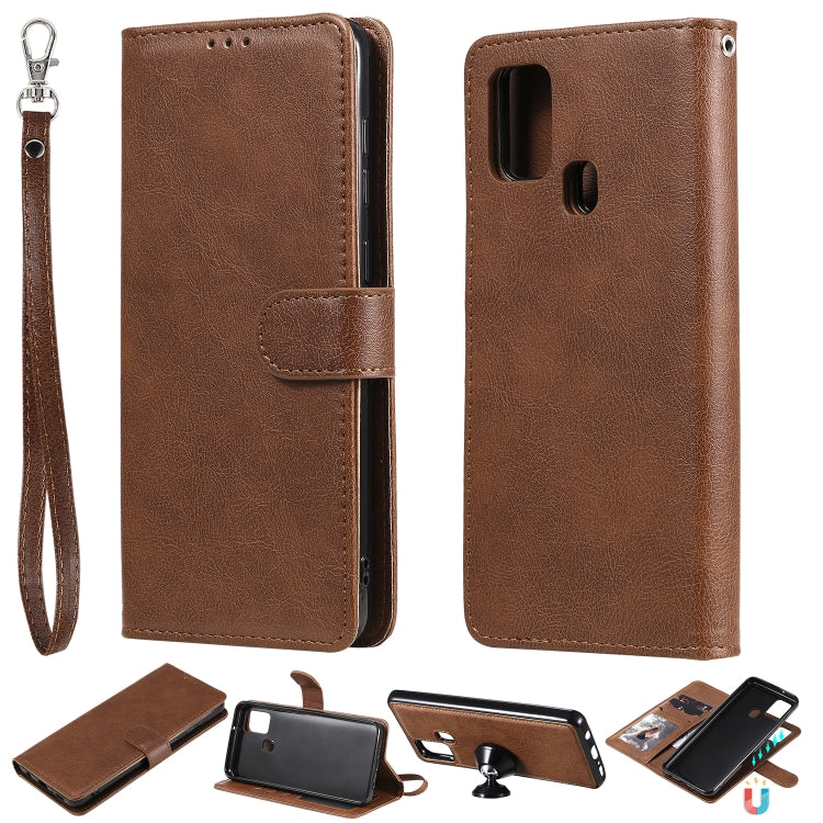 For Samsung Galaxy A21s 2 in 1 Solid Color Detachable PU Leather Case with Card Slots & Magnetic Holder & Photo Frame & Wallet & Strap
