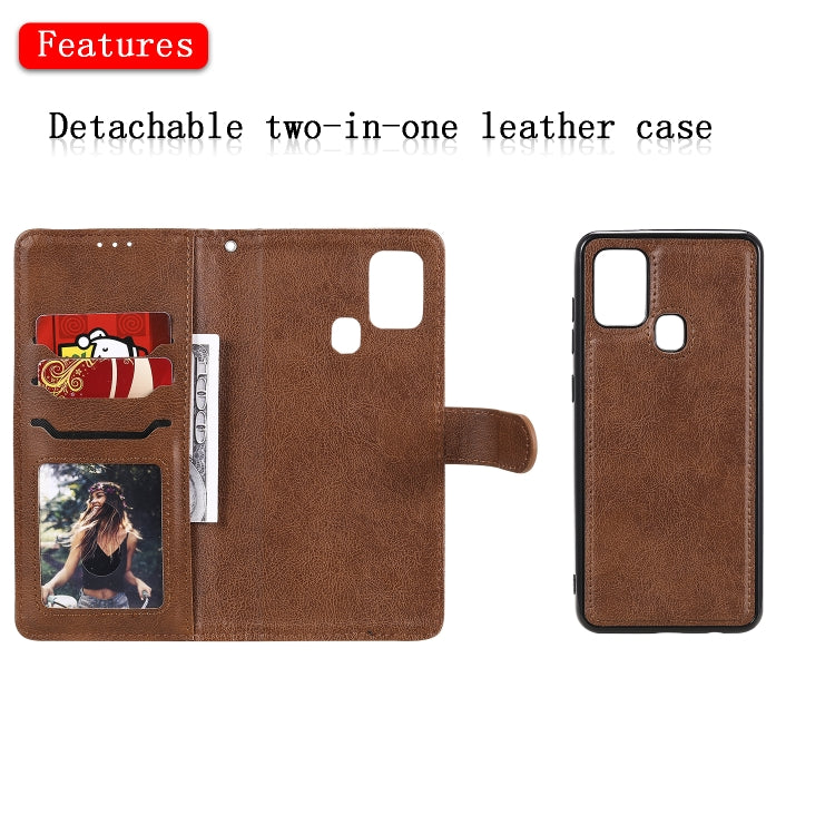 For Samsung Galaxy A21s 2 in 1 Solid Color Detachable PU Leather Case with Card Slots & Magnetic Holder & Photo Frame & Wallet & Strap