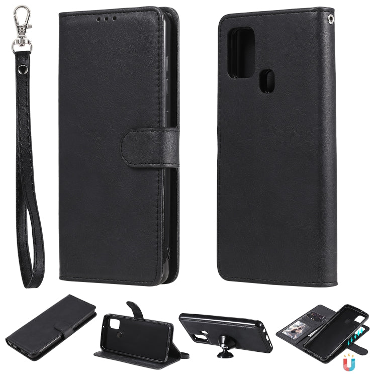 For Samsung Galaxy A21s 2 in 1 Solid Color Detachable PU Leather Case with Card Slots & Magnetic Holder & Photo Frame & Wallet & Strap