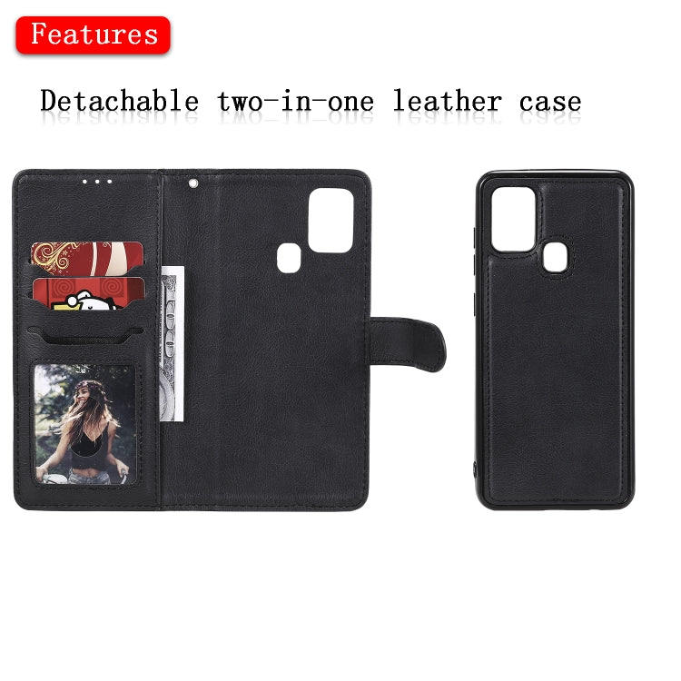 For Samsung Galaxy A21s 2 in 1 Solid Color Detachable PU Leather Case with Card Slots & Magnetic Holder & Photo Frame & Wallet & Strap
