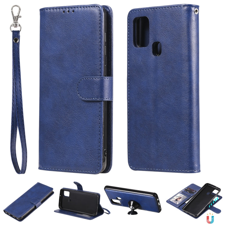 For Samsung Galaxy A21s 2 in 1 Solid Color Detachable PU Leather Case with Card Slots & Magnetic Holder & Photo Frame & Wallet & Strap