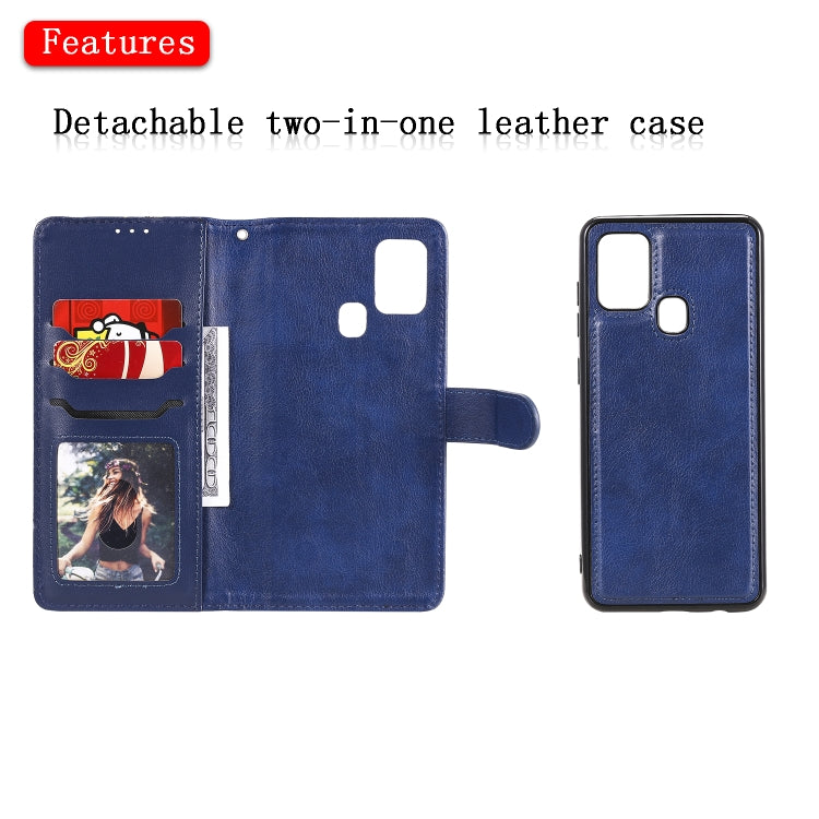 For Samsung Galaxy A21s 2 in 1 Solid Color Detachable PU Leather Case with Card Slots & Magnetic Holder & Photo Frame & Wallet & Strap
