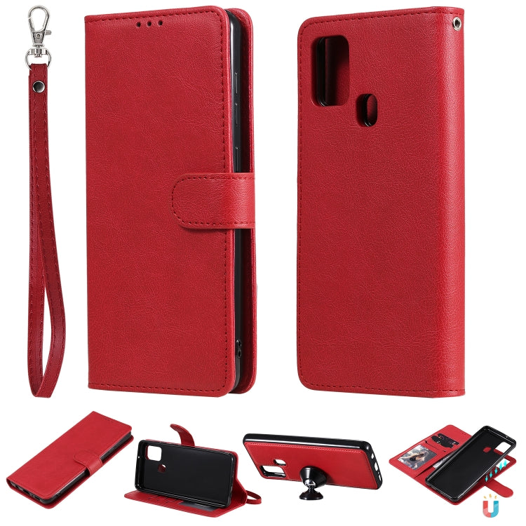 For Samsung Galaxy A21s 2 in 1 Solid Color Detachable PU Leather Case with Card Slots & Magnetic Holder & Photo Frame & Wallet & Strap