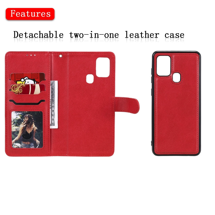 For Samsung Galaxy A21s 2 in 1 Solid Color Detachable PU Leather Case with Card Slots & Magnetic Holder & Photo Frame & Wallet & Strap