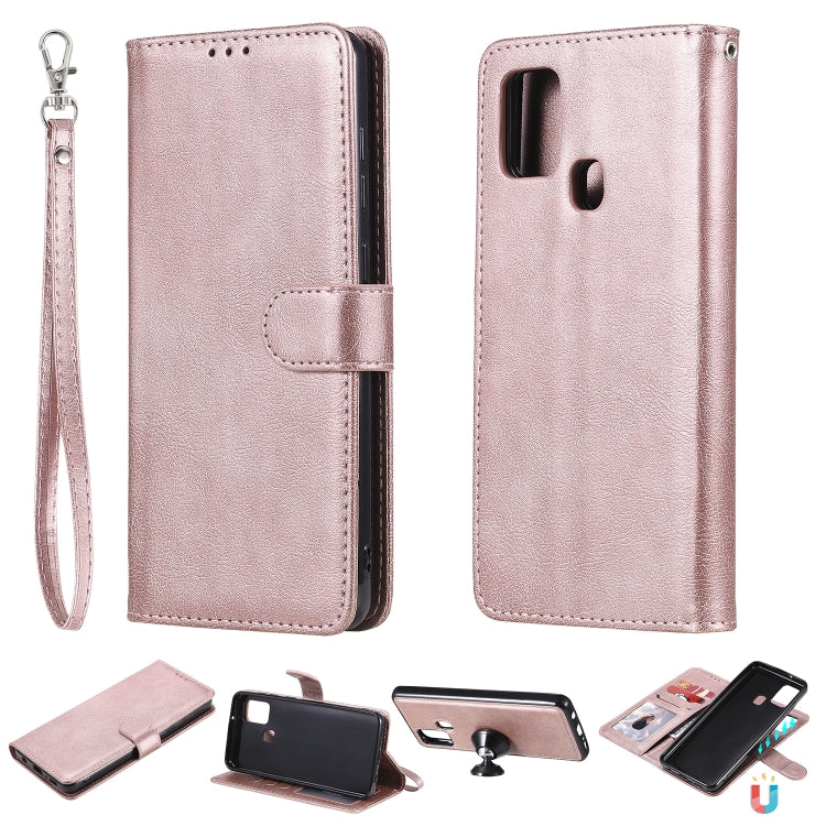 For Samsung Galaxy A21s 2 in 1 Solid Color Detachable PU Leather Case with Card Slots & Magnetic Holder & Photo Frame & Wallet & Strap