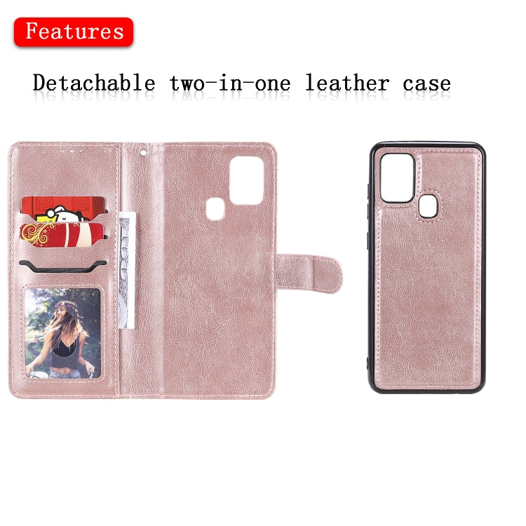 For Samsung Galaxy A21s 2 in 1 Solid Color Detachable PU Leather Case with Card Slots & Magnetic Holder & Photo Frame & Wallet & Strap