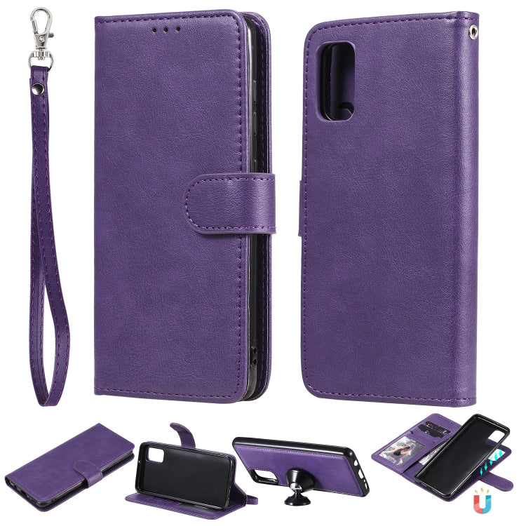 For Samsung Galaxy A41(EU Version) 2 in 1 Solid Color Detachable PU Leather Case with Card Slots & Magnetic Holder & Photo Frame & Wallet & Strap