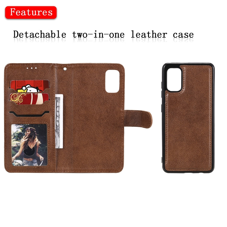 For Samsung Galaxy A41(EU Version) 2 in 1 Solid Color Detachable PU Leather Case with Card Slots & Magnetic Holder & Photo Frame & Wallet & Strap