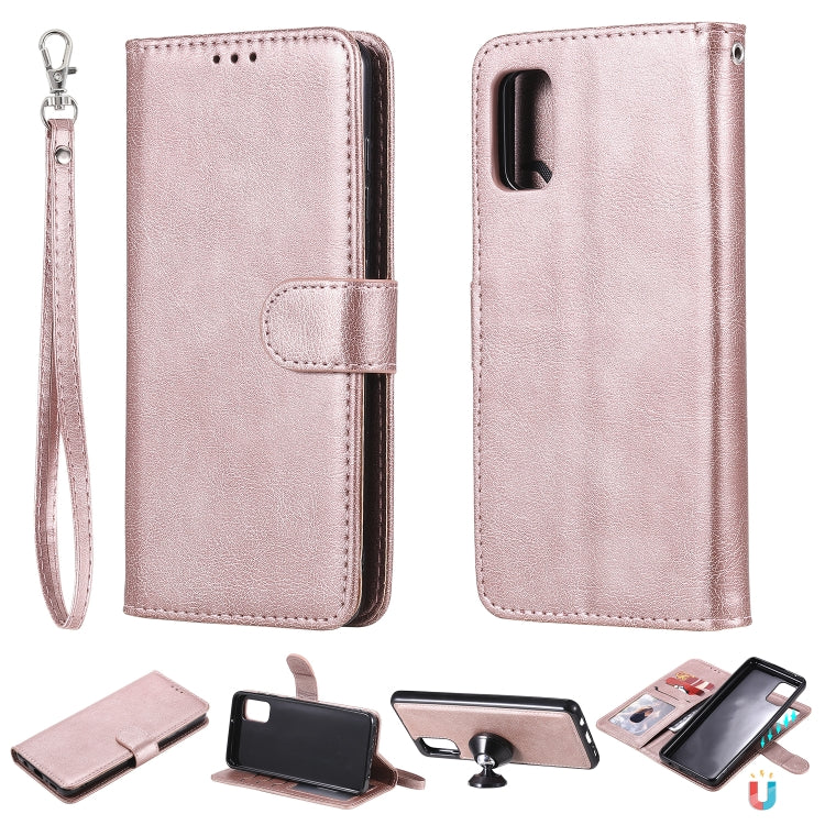 For Samsung Galaxy A41(EU Version) 2 in 1 Solid Color Detachable PU Leather Case with Card Slots & Magnetic Holder & Photo Frame & Wallet & Strap