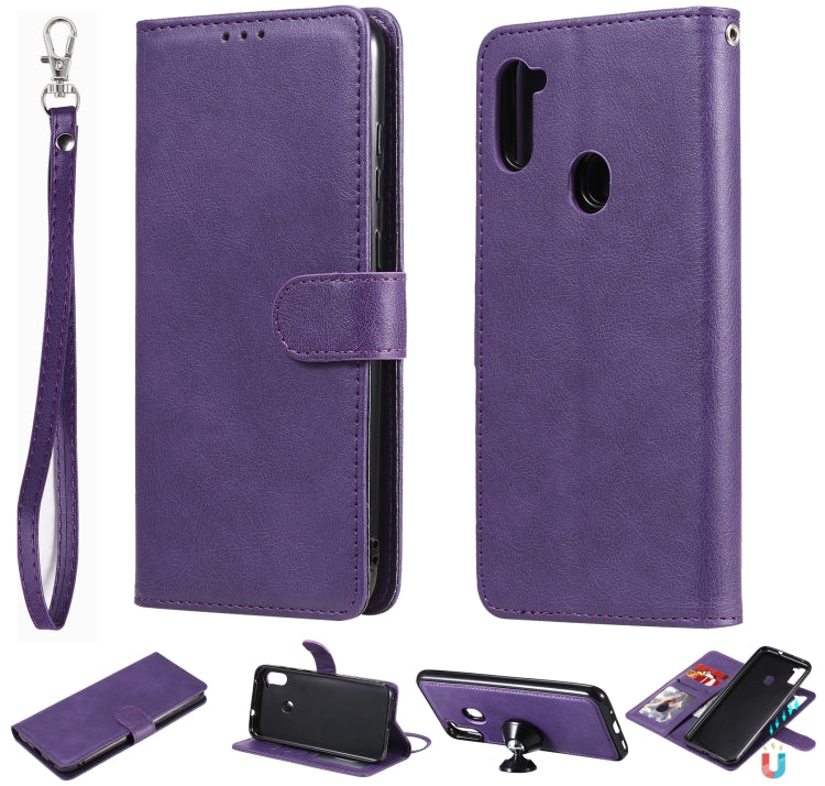 For Samsung Galaxy M11 / A11 2 in 1 Solid Color Detachable PU Leather Case with Card Slots & Magnetic Holder & Photo Frame & Wallet & Strap