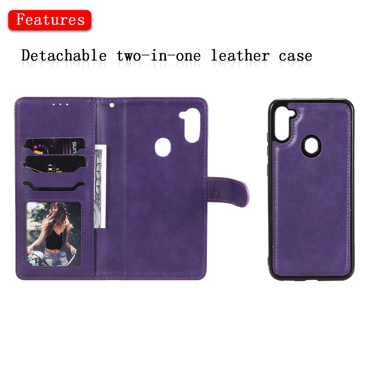 For Samsung Galaxy M11 / A11 2 in 1 Solid Color Detachable PU Leather Case with Card Slots & Magnetic Holder & Photo Frame & Wallet & Strap