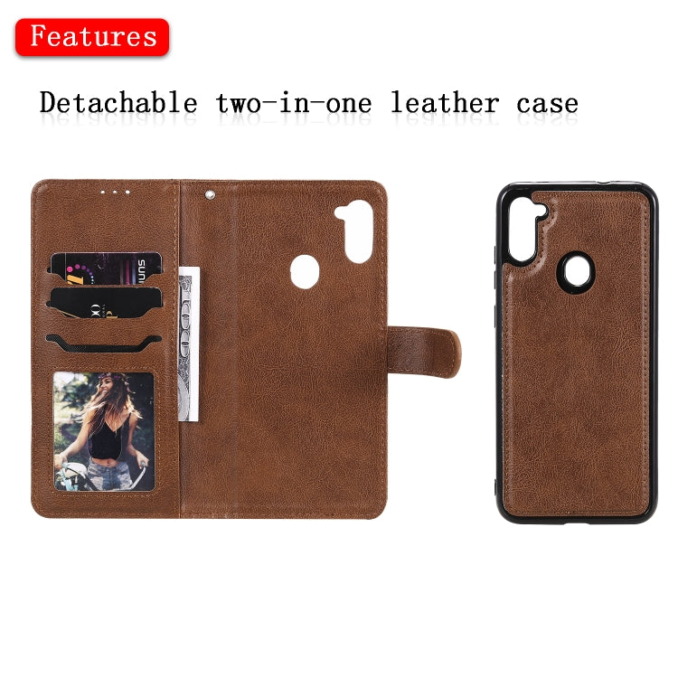 For Samsung Galaxy M11 / A11 2 in 1 Solid Color Detachable PU Leather Case with Card Slots & Magnetic Holder & Photo Frame & Wallet & Strap
